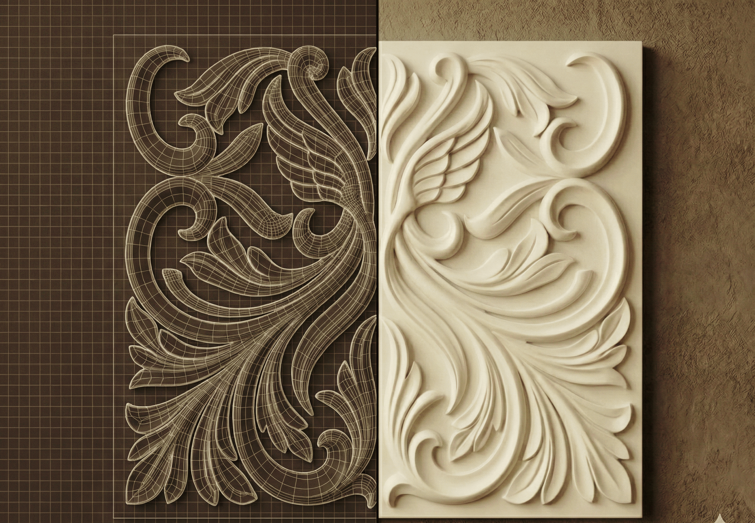 AIAPM — Studio Luminant AI-assisted 3D CAD modelling to cast gypsum relief panel: digital wireframe to physical product