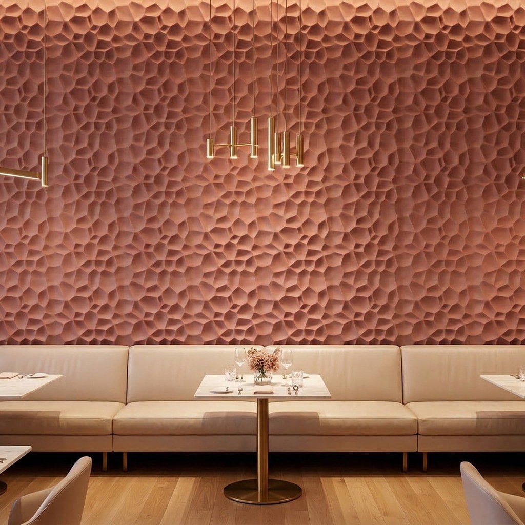 Organic cell relief wall — warm restaurant interior