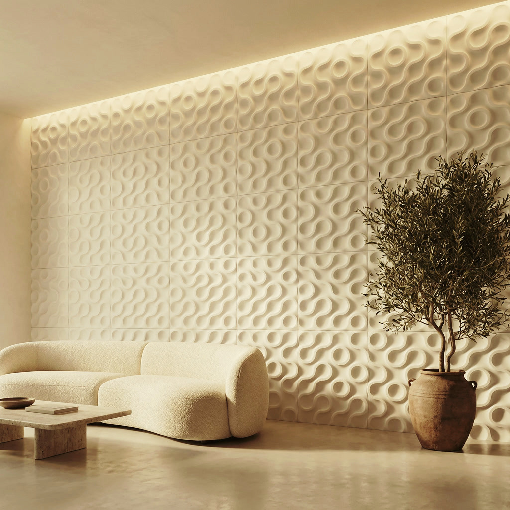 Architectural relief wall texture — hospitality installation