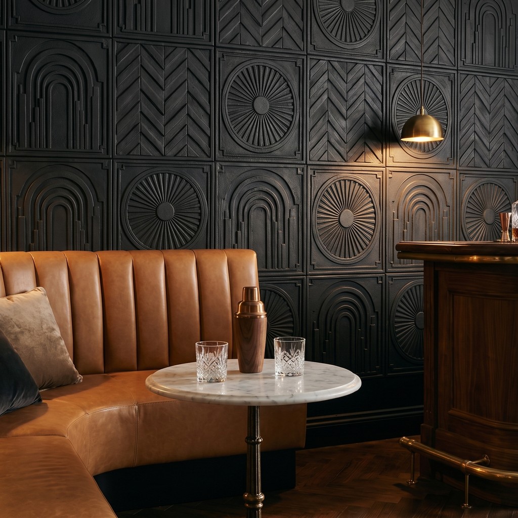 Studio Luminant art deco charcoal relief wall panels — cocktail bar lounge interior
