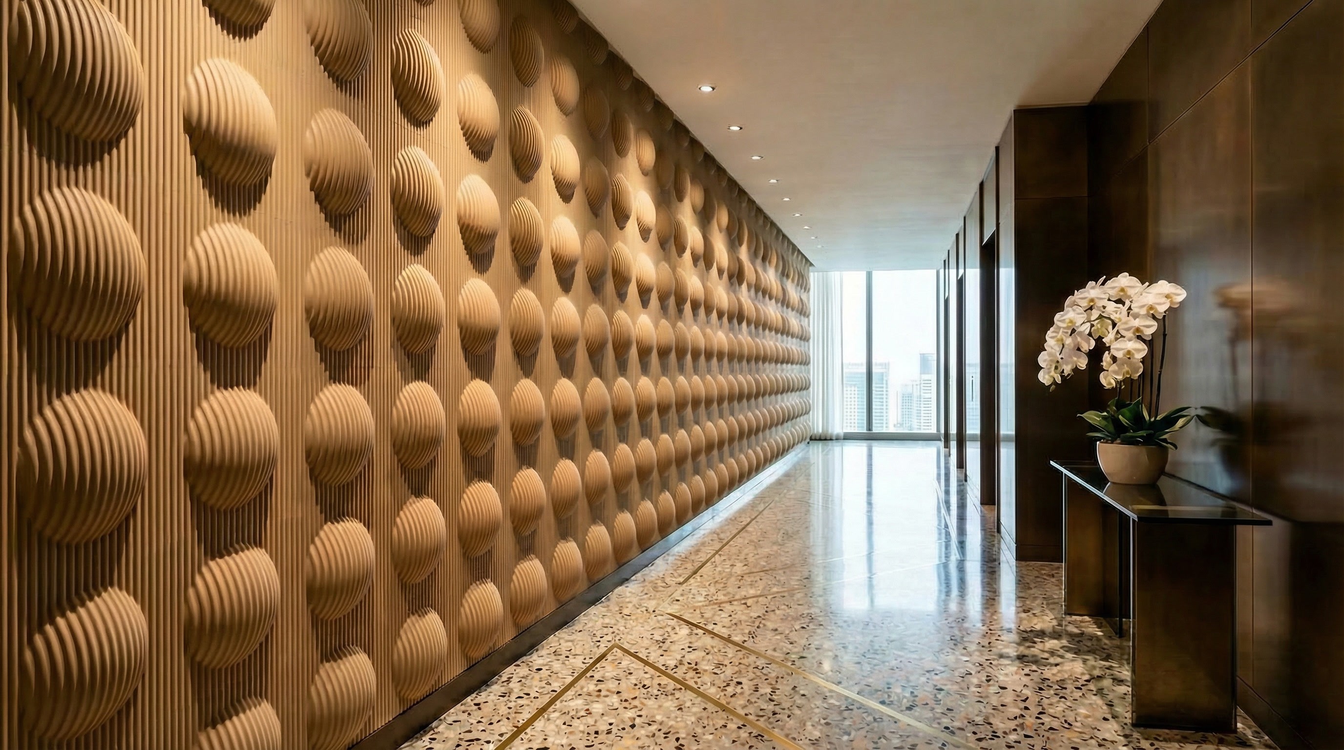 Studio Luminant fluted spherical gypsum relief wall panels installed in a luxury hospitality corridor
