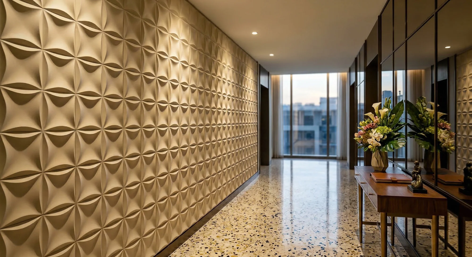 Studio Luminant petal geometric relief panels installed in a luxury hospitality corridor