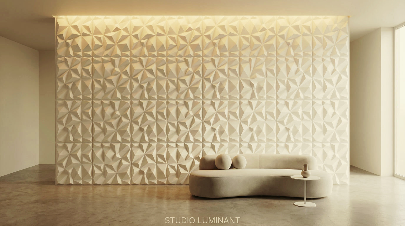 Lumina PUCOMP architectural relief panel — exterior and wet-area rated, complex spatial geometry, luxury lounge installation