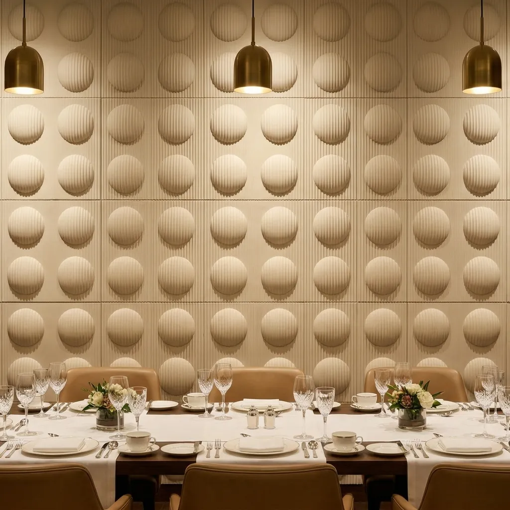 Fluted spherical relief panels — gold dining room