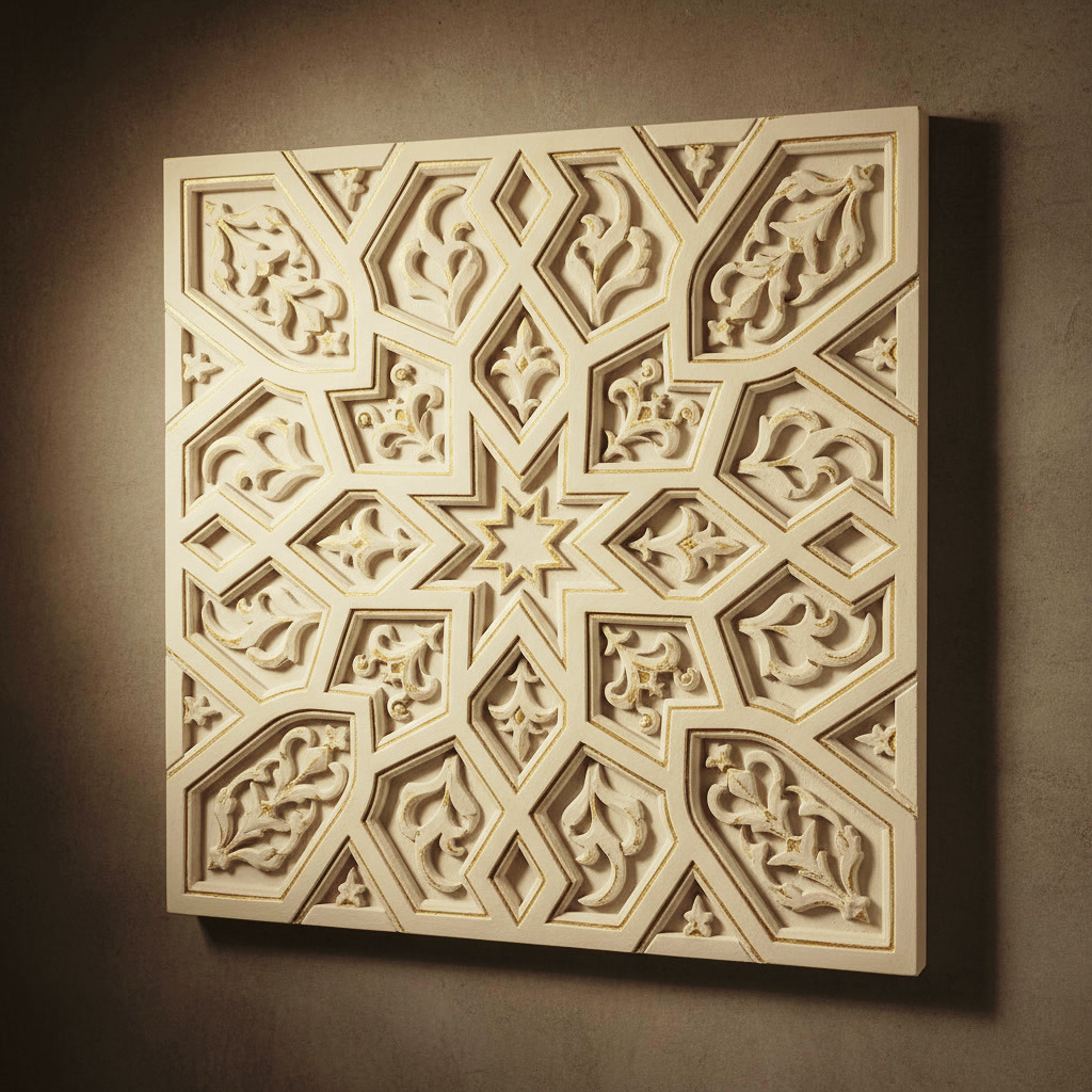 Studio Luminant Lumina PMAG custom Ottoman geometric gypsum relief panel — intricate gold-accent detail, bespoke architectural surface manufacturing