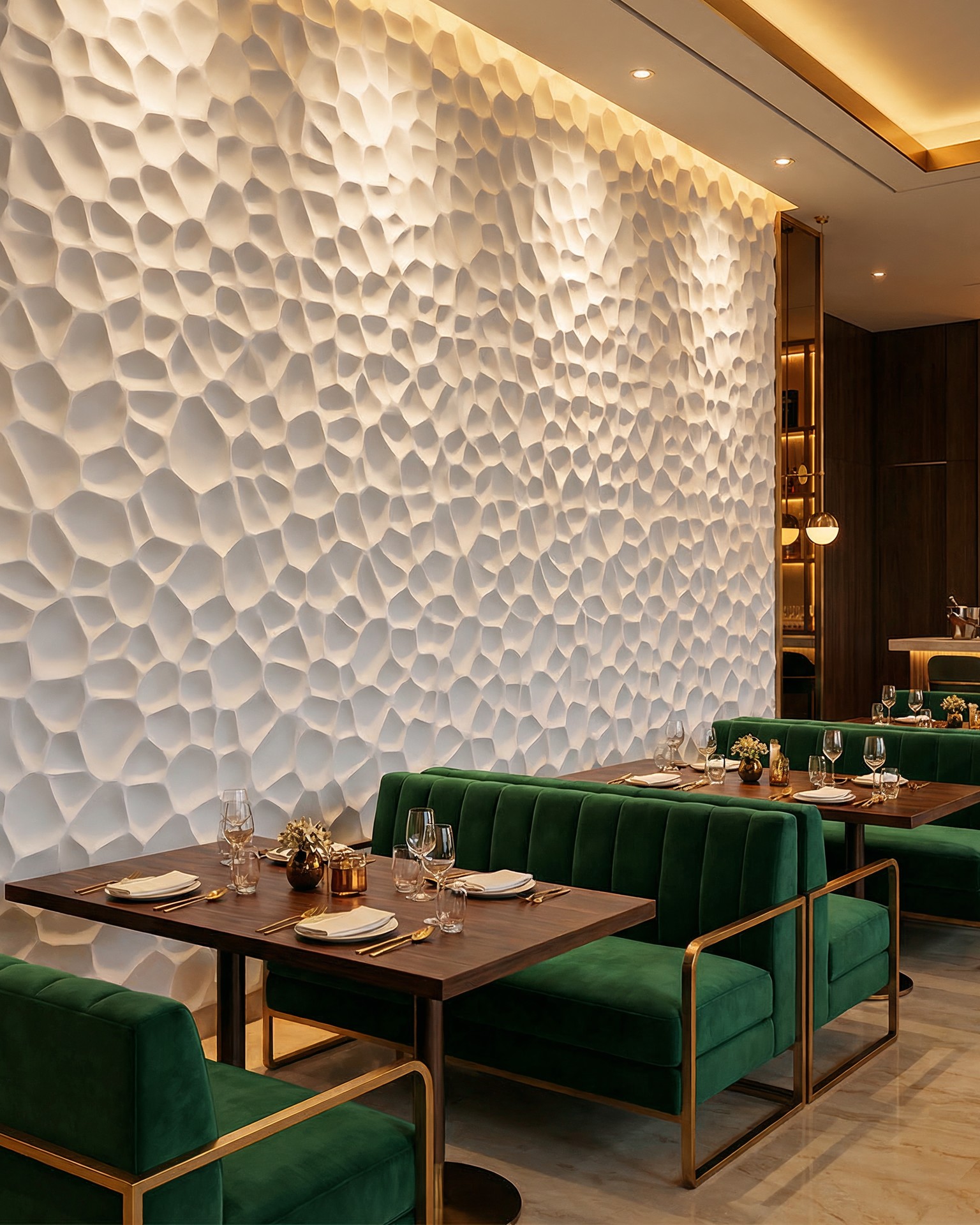 Studio Luminant Lumina PMAG organic cell relief wall in a luxury restaurant interior — full-height faceted gypsum panels above green velvet banquette seating