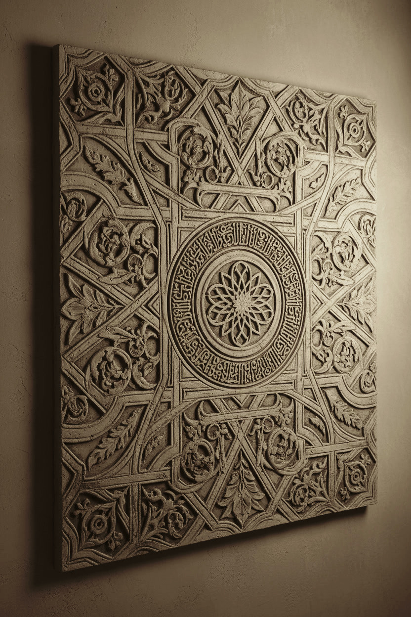 Studio Luminant Ottoman heritage gypsum relief tile — Islamic geometric pattern, architectural wall art panel