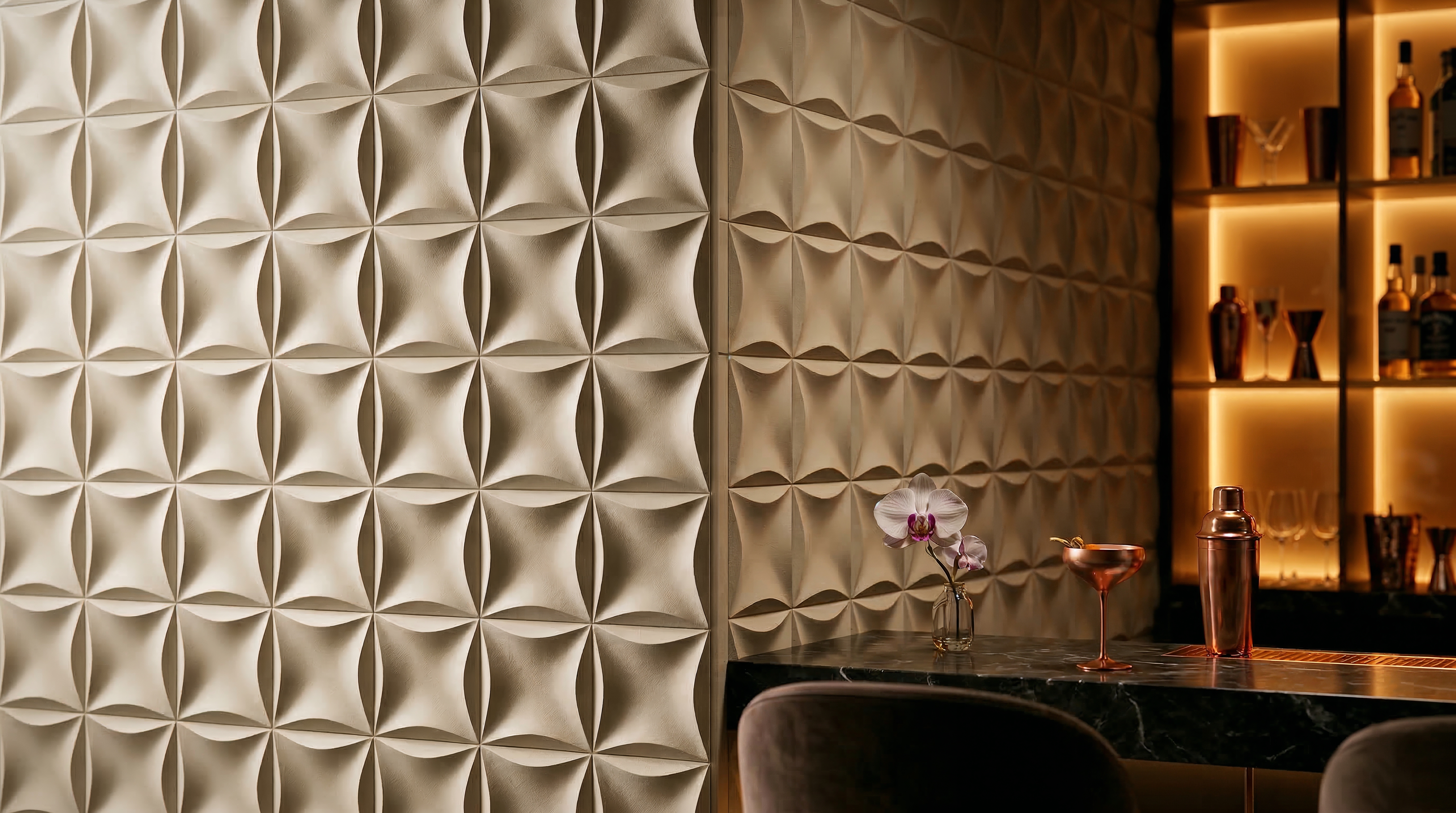 Petal geometric relief panels — lounge installation