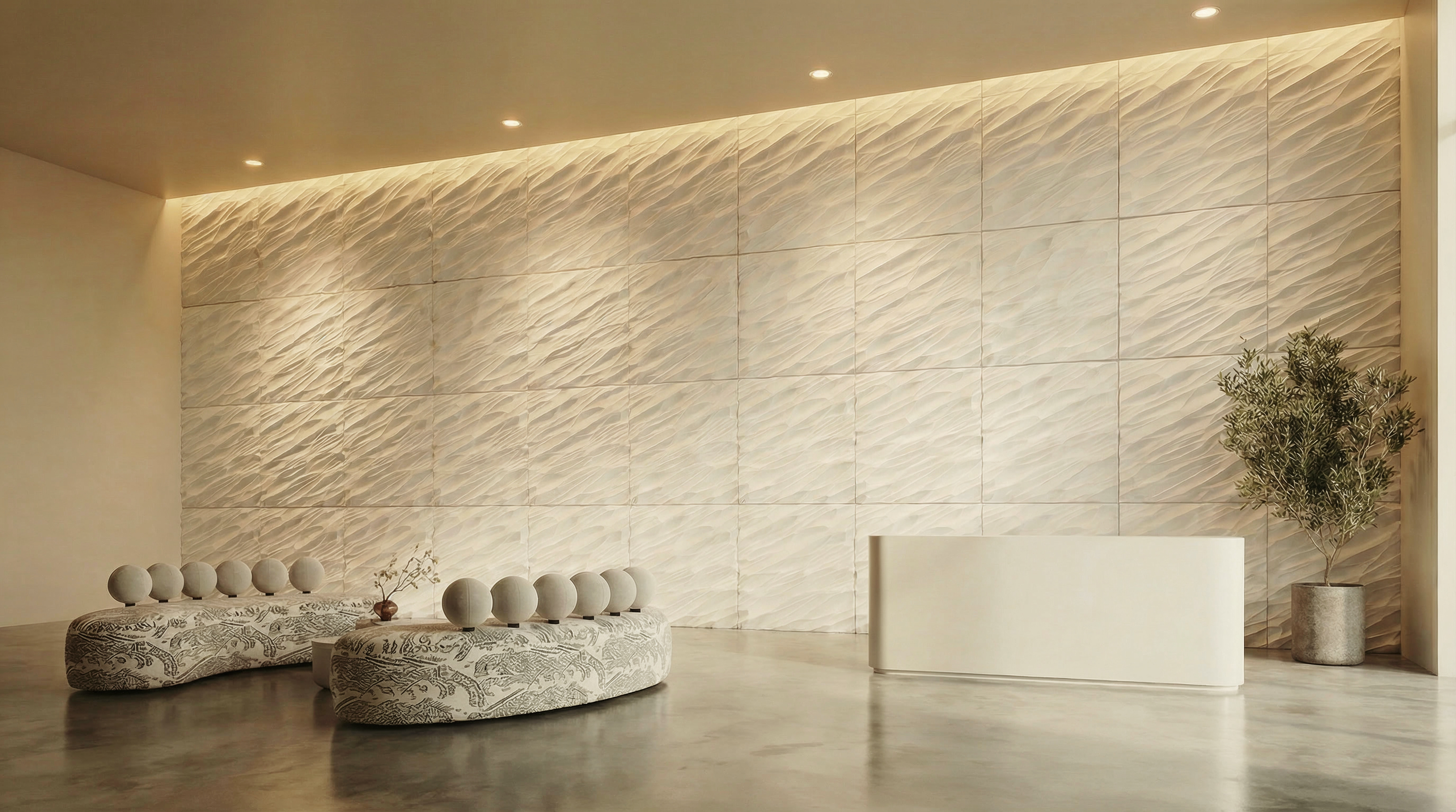 Studio Luminant wave-pattern Lumina PMAG architectural relief wall panels in luxury lounge installation