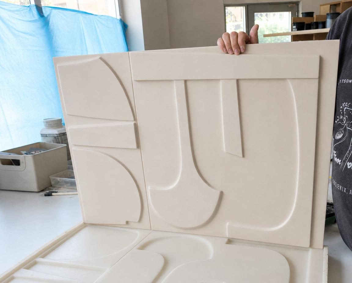 Relief panels and silicone mould displayed side by side — negative and positive form